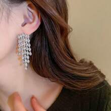 1 Pair Elegant Alloy Rhinestone Tassel Long Earrings, Suitable For Women's Party And Daily Wear
