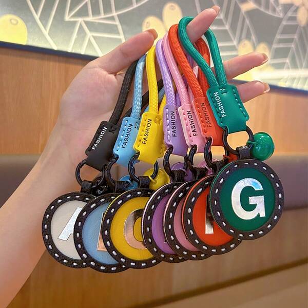 1pc Fashionable Round PU Leather Alphabet Tag, 26 English Letters A-Z, Stylish Foil Print, Multicolor Design For Bag Hanging Ornaments, Birthday, Holiday, Valentine's Day Gifts School