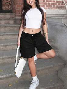 Women's Solid Color Bermuda Denim Shorts, Fashion For Summer Casual Black - Black - View 8
