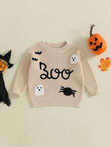 Toddler Baby Girls Boys Halloween Long Sleeves Sweater Casual Letter Ghost Spider Embroidery Pullover Knitwear - Beige - View 6