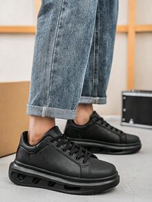 Men's Classic Solid Black Leather Patchwork Design Skateboard Shoes, Casual College Style Everyday Sneakers, Unisex Versatile Sports Shoes For All Seasons - màu đen - Xem 6