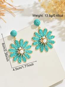 1 对波西米亚手工编织拉菲草串珠仿珍珠花朵耳坠，轻盈奢华彩色编织拉菲草仿珍珠花朵耳环，适合女士休闲、沙滩、派对穿着 - 綠色 - 查看 3