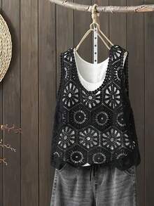 女士时尚黑色镂空钩编不对称下摆无袖宽松休闲针织毛衣上衣 - 黑色 - 查看 1