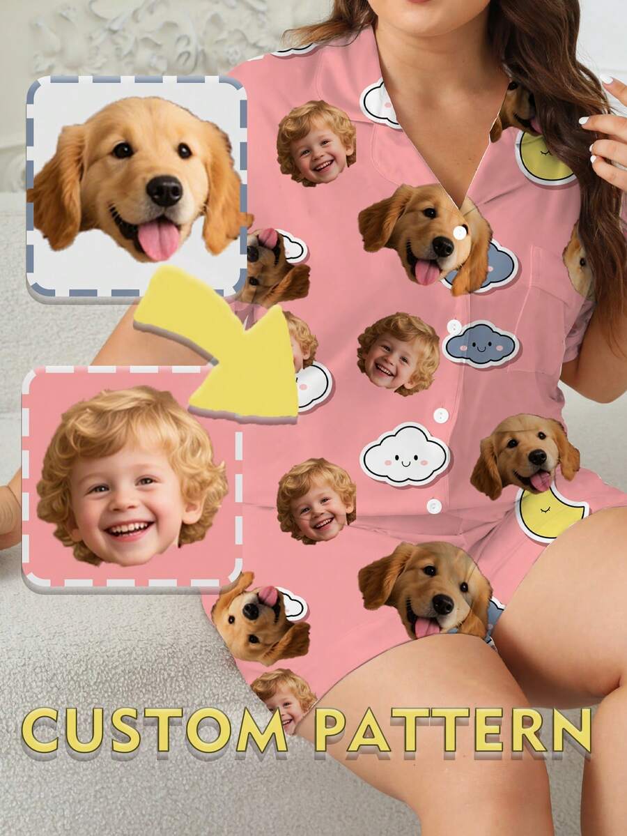 Plus Size Women's Summer Pajama Set, Collared Short Sleeve Top And Shorts, Pink Cloud & Moon Cartoon Custom Pet Portrait Graphic, Casual Loungewear