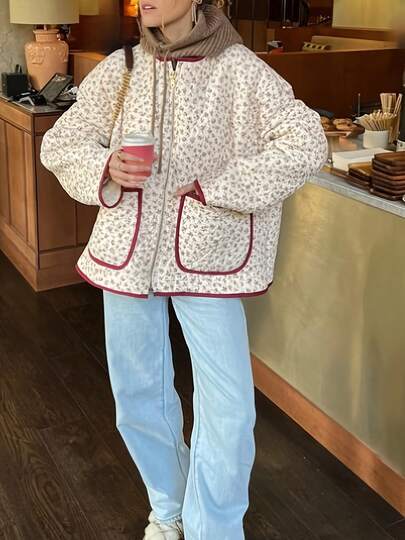 Womens Zip Up Jacket Floral/Striped Lightweight Quilted Long Sleeve Winter Outwear