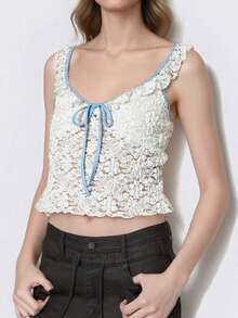 Women's Lace Cropped Camisole Ruffled Sweetheart Neck Slim Fit Tank Tops For Summer Streetwear