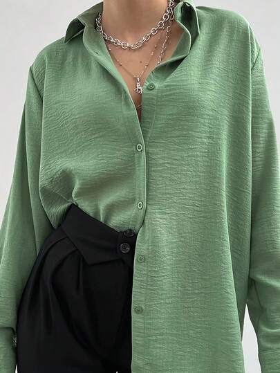 Camisa casual feminina de manga comprida com gola simples e abotoamento simples, estilo elegante