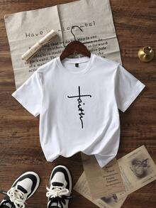 適合青少年男孩的休閒印花白色圓領短袖套頭T卹，夏季上衣