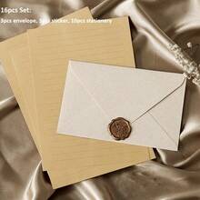 16件/20件套，亚麻图案信封和文具套装，复古牛皮纸邀请卡、明信片、漆面信封、请柬、商务信封、节日礼品信封 - 彩色 - 查看 16