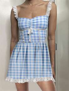 Women Summer Y2K Mini Cami Dress Sleeveless Open Back Lace Trim Plaid Spaghetti Strap Dress - Blue - View 3