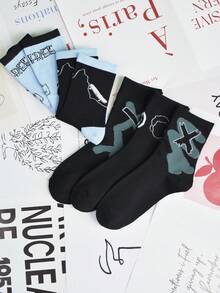 5 Pares de Meias Estampadas com Grafite da Moda Casuais para Mulheres, Adequadas para Uso Diário, Esportes, Estilo de Rua, Primavera/Outono
