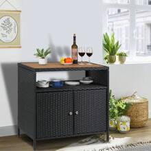 Mobiletto in vimini per esterni, mobile buffet impermeabile e resistente alle intemperie, tavolo da bar per patio con due ante e ripiani, credenza in vimini per cucina da giardino e piscina