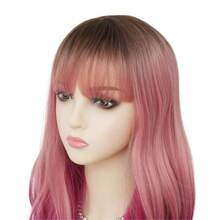 LOmbre Pink Long Wig With Bangs Dark Root Curly Wavy Wigs Synthetic Heat Resistant Fiber Hair Wig For Cosplay Halloween Use Dark Pink 5001 - 粉紅捲髮 - 查看 6