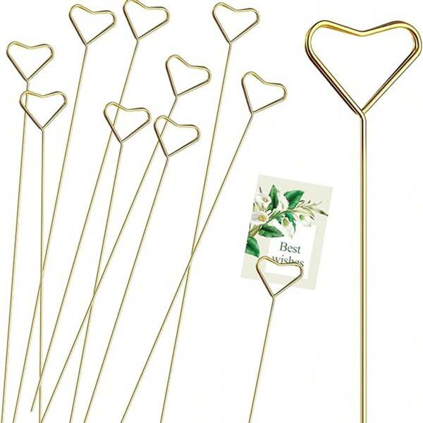 20pcs Metal Floral Card Holders, Gold Heart Flower, Photo Clip Stand, Floral Bouquet Card Holder, Suitable For Wedding, Birthday Party
