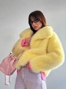 TRAFZA 女式人造毛皮优雅外套休闲奢华纯色外套保暖超大女士时尚街头长袖夹克 - 黃綠色 - 查看 6