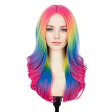 MBERON Women Rainbow Wig Long Colorful Wavy Curly Wig For Girls Adult Multi Color Wigs For Cosplay Party Multicolor Wigs With Cap7001 - 彩色 - 查看 2