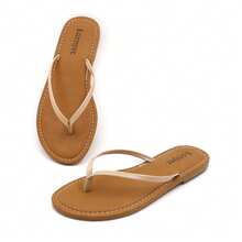 Women's Classic Flip Flops, Straps With Tan Footbed, Casual Beach Sandals: Stylish Design, Non-Slip Rubber Sole, Latex Insole For Comfort, Perfect For Shopping, Parties, And Casual Outings  Beach    Casual    Polyester    Plain / Plain Toe    Beach  Vacation - 杏色 - 查看 4