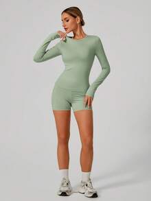 女士休闲舒适拉绒长袖瑜伽服高弹力健身服普拉提跑步运动长袖上衣适合健身运动服秋冬