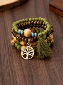 4pcs/Set Boho Style Wooden Life Tree Charm Bracelets, Elastic Rope Bangles For Daily Wear & Parties