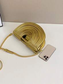 2025新款夏季时尚创意手工编织金色手提包，女士钱包，独特派对包，半圆形包，可单肩斜挎，适合度假、通勤、聚会、舞会和派对