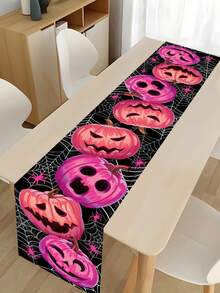 1Pc /100PCS 35*180cm Halloween Pink Pumpkin Themed Polyester Table Runner - Black Spider Web Background, Exquisite Carved Pink Pumpkin Pattern, Suitable For High-End Halloween Parties, Family Gatherings, Festive Dining Table Decoration