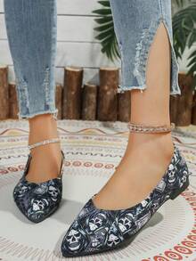 Damen Graue Totenkopf Muster Niedrig Absatz Lässig Schuhe, modisch, elegant, weich und bequem gestaltet, geeignet für Frühling/Sommer Outdoor, Reisen und Urlaub