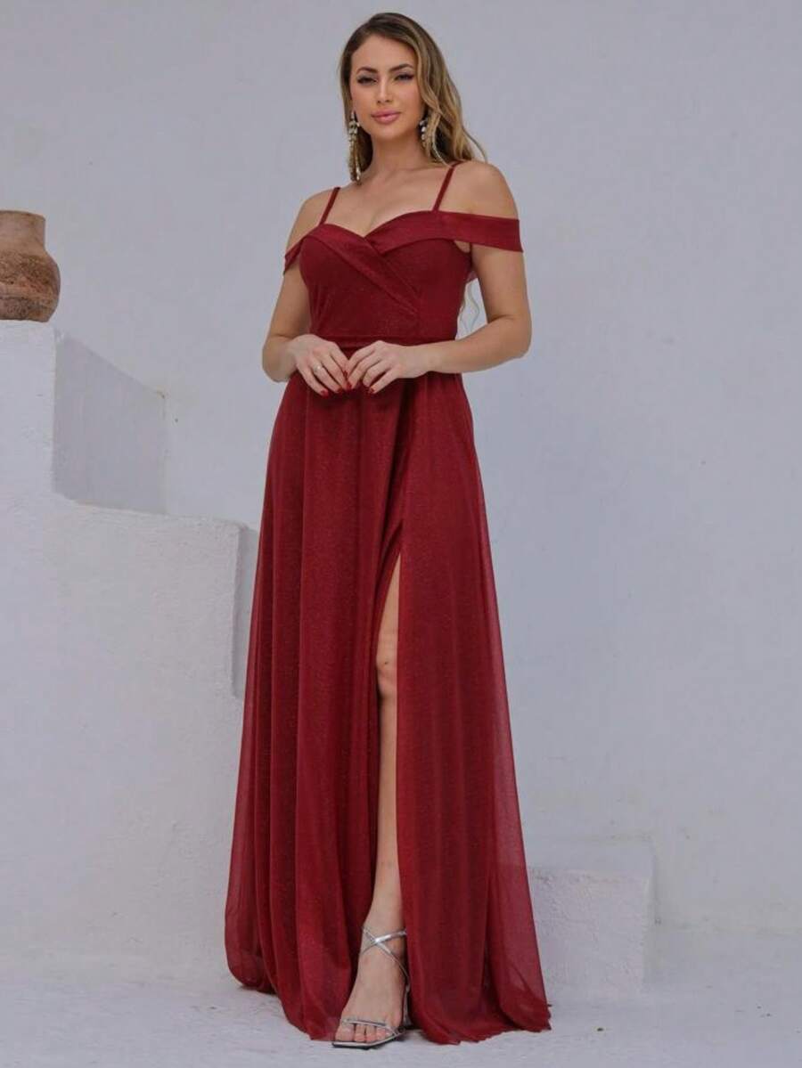 Long Off-The-Shoulder Party Dress With Sparkle For Bridesmaid, Wedding, Princess Graduation - 紅木色 - 查看 1