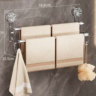 Stainless Steel Dual Rod Suction Cup Towel Rack - Drill-Free Wall-Mounted Bathroom Organizer For Towels & Hooks - Dry/Wet Use, Strong Hold For Home Bathrooms