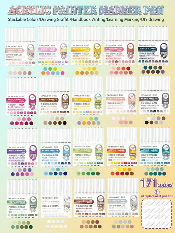 Languo Direct Liquid Soft Tip Acrylic Markers Set - 171 Vibrant Colors In 19 Diverse Color Sets With 9 Pens Each - Ideal For Artists, Students, Designers, Crafters, And Professionals - Perfect For Drawing, Painting, Illustration, Sketching, DIY Projects, Bullet Journaling, Home Decor, School Assignments, And Creative Artwork,School Supplies,Back To School