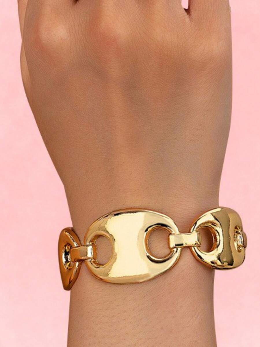 1 Pc Golden Color Minimalist Chunky Metal Cuff Bangle For Women - Gold - View 1