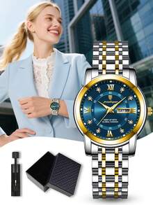 POEDAGAR 1pc Women's Elegant Waterproof Luminous Stainless Steel Quartz Wrist Watch, Casual Dual Date Display Watch, Fashion Ladies Watch, Suitable For Business Occasions, Women's Gift - Blue - View 11