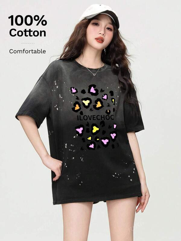 Washed Ombre 2-Tone Cartoon Print Short Sleeve T-Shirt Midi Length Women Cotton Tee Summer Top