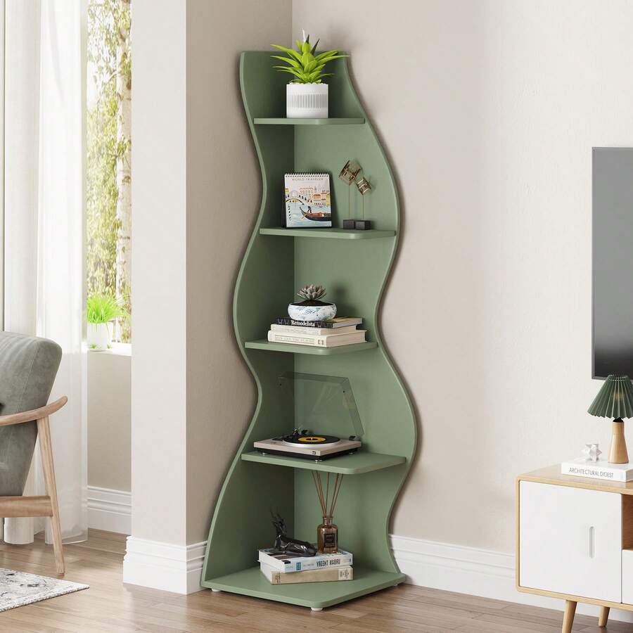 Tribesigns Corner Shelf, Rustic 5-Tier Wall Corner Bookshelf, Stylish Corner Small Bookcase Storage Rack Plant Stand With Unique Shape For Living Room, Home Office - Green - View 1