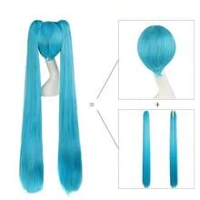 LMapofBeauty Vocaloid Miku Blue 2 Ponytails Straight Long Party Costume 120cm Cosplay Wigs5001 - 藍色 - 查看 6