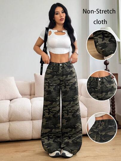 Women's Front Button Pocket Simple Casual Camouflage Denim Jeans
