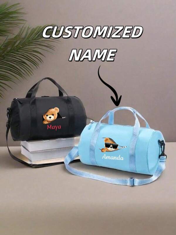 1pc Customized Duffel Bag Bear Dance Bag With Your Own Name, Bear Pattern, Outdoor Travel Waterproof Material Duffel Bag, Large Capacity Gym Bag, Suitable For Use As Shoulder Bag And Duffle Bag, Daily Use, Gift For Family And Friends