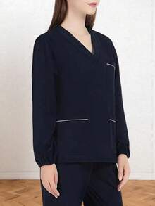 Women's Multi-Pocket Long Sleeve Nursing Scrub Uniform Top - Black - View 1