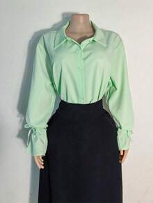 Áo sơ mi nữ tay dài cài nút nửa cổ màu trơn cỡ lớn thường ngày, mùa thu/đông - Xanh nhạt - Xem 1