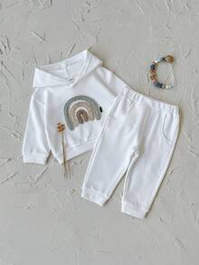 2Pcs/Set Baby Girls' Rainbow Embroidery Casual White Long Sleeve Hooded Sweatshirt & Long Pants Set, Autumn/Spring - White - View 10