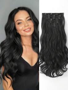 Extensiones de cabello con clip para mujeres con negro 7 piezas de 22 pulgadas, extensiones de cabello con clip Cabello rizado ondulado Extensión de cabello sintético de cabeza completa Postizos