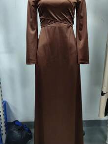 女士纯色长袖休闲长款阿拉伯风格连衣裙