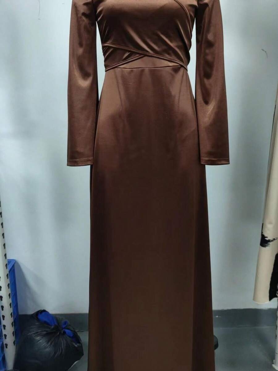 女士纯色长袖休闲长款阿拉伯风格连衣裙