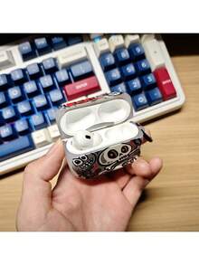 1PC Cute Cartoon Monster Skeleton Shaped Wavy Border With Black Ring Hook Creative Painted Wavy Refreshing Ins Style Casual Halloween Airpods 1/2/3/4/Pro/Pro2 Case With 3D Wavy Shape And Ring Hook - Multicolor - View 6