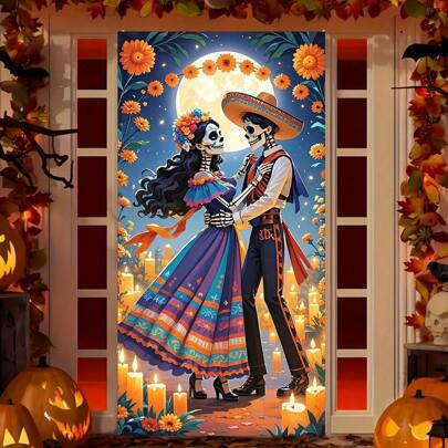 2D Bannière de largeur de porte, 1 pièce Bannière de fête mexicaine du Jour des Morts et d'Halloween - Design vibrant de squelette dansant en fibre de polyester pour décoration de porte, utilisation intérieure et extérieure, sans alimentation électrique, décoration de fête mexicaine, tissu extérieur durable pour ajouter une atmosphère festive