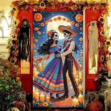 2D Bannière de largeur de porte, 1 pièce Bannière de fête mexicaine du Jour des Morts et d'Halloween - Design vibrant de squelette dansant en fibre de polyester pour décoration de porte, utilisation intérieure et extérieure, sans alimentation électrique, décoration de fête mexicaine, tissu extérieur durable pour ajouter une atmosphère festive