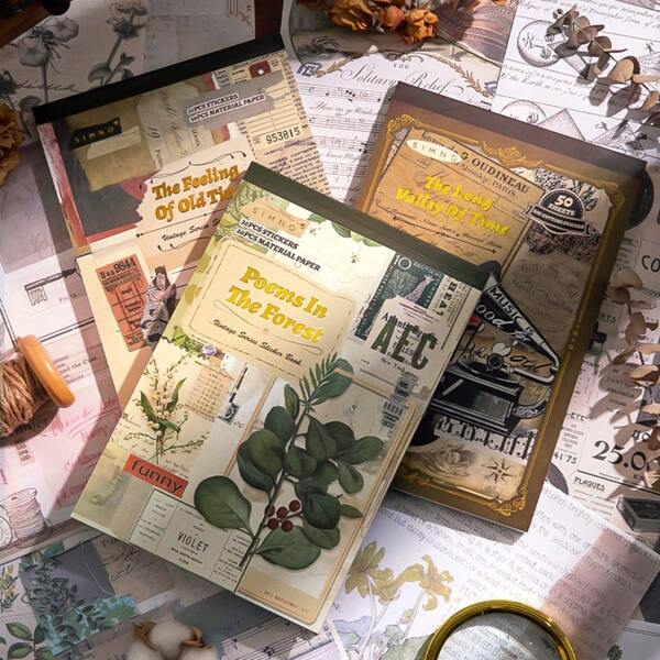 50 Stücke/Buch, Vintage Sammelalbum Buch, Nostalgie/Wald/Vintage Serie Ausgestanzte Aufkleber, bestehend aus 30 Stücke Aufkleber und 20 Stücke Bastelpapier, kreative Ephemera Collage & Vintage Landschafts Bastelei & Scrapbooking & Dekoration, Schulmaterial