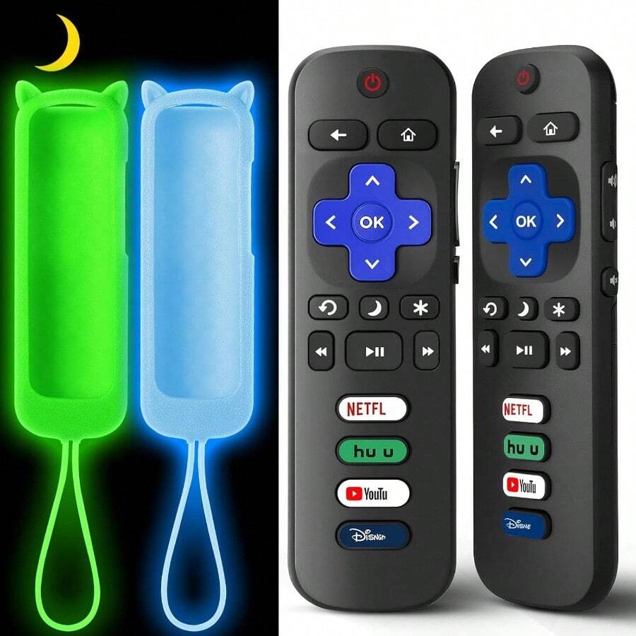 2+2 Packs Replacement Remote Control For Roku TV With Silicone Cover Universal Remote For  Hisense Onn Westinghouse  Roku Smart TVs (Not For Roku Stick Box) - 2Remote+GlowBlueCover+GlowGreenCover - Xem 1