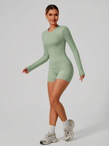 女士休闲舒适拉绒长袖瑜伽服高弹力健身服普拉提跑步运动长袖上衣适合健身运动服秋冬