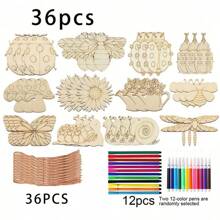 72pcs Wooden Insect Craft Set - DIY Art & Craft Kit Includes 30 Unique Insect Patterns, 12 Vivid Watercolor Pens, 30 Jute Ropes, For Creative Painting And Decoration, Suitable For Birthday And All Occasions, Creative Painting Set | Intricate Insect Patterns | Wooden Craft Blocks