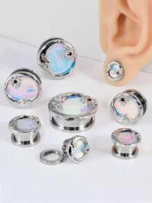 2 件装月亮和太阳蓝色渐变闪光耳道和耳塞医用钢滑轮穿孔鞍形耳重强化扩张器穿孔耳环 - 1對太陽月亮耳廓 - 查看 4